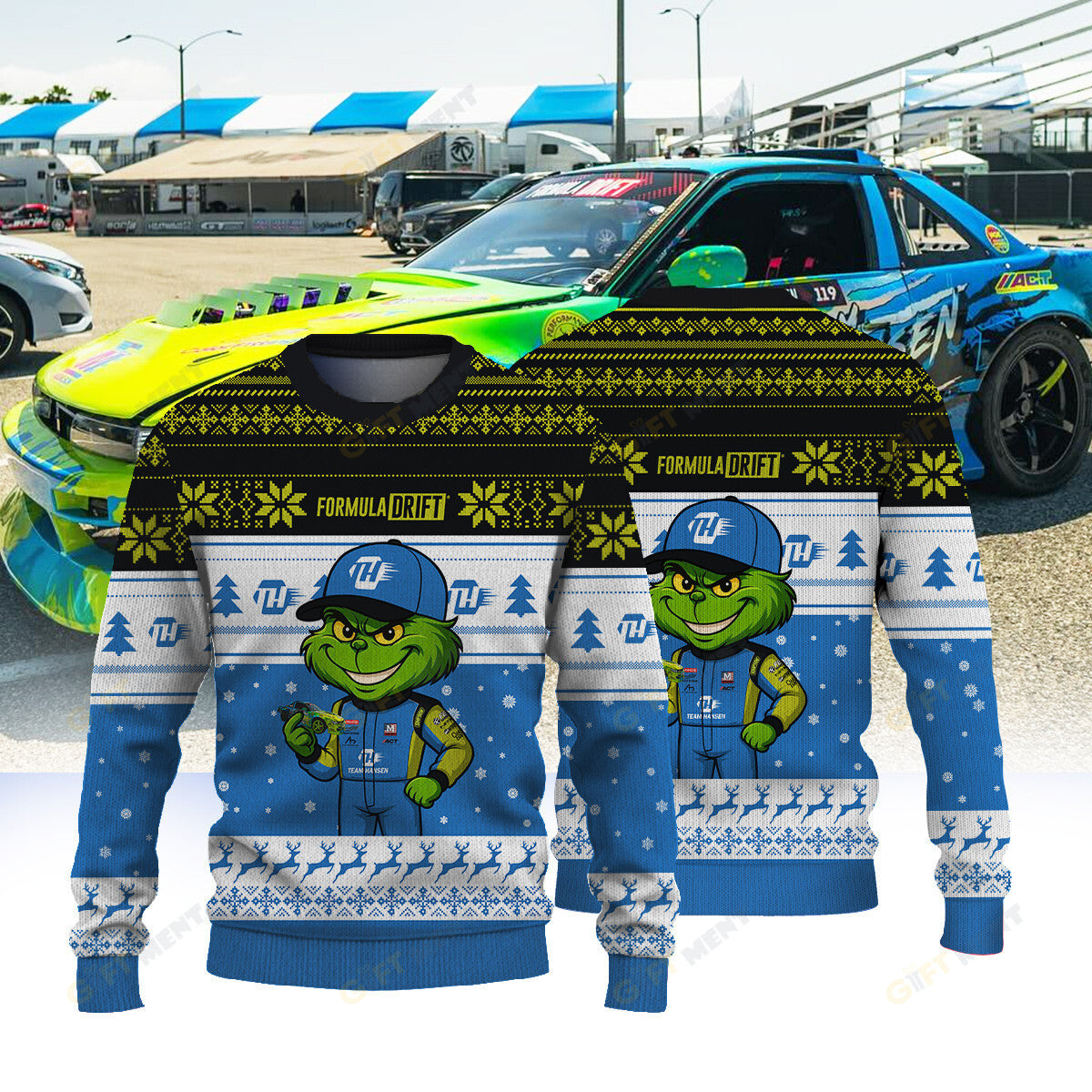 Team Hansen Drifting Rudy Hansen × Grinch Ugly Christmas Sweater
