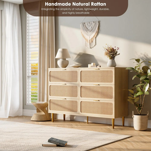 6-Drawer Rattan Dresser, Natural Hand-Woven Rattan &