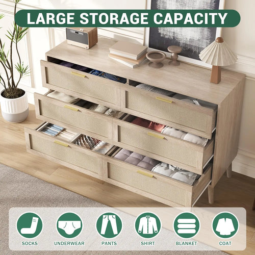 47.2" Rattan 6 Drawer Dresser Mid Century